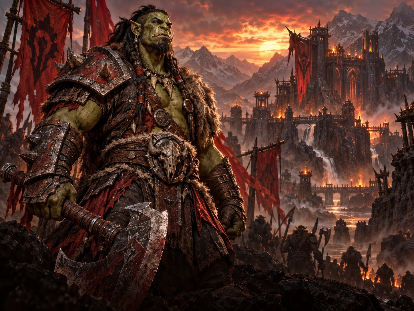 Ork-Krieger unter roten Bannern vor einer befestigten Horde-Stadt